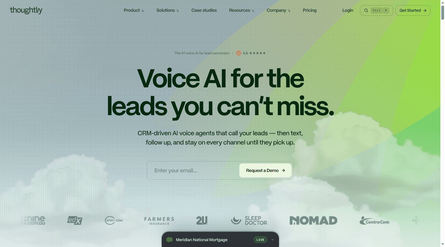 Thoughtly homepage presenting CRM-driven voice and follow-up
