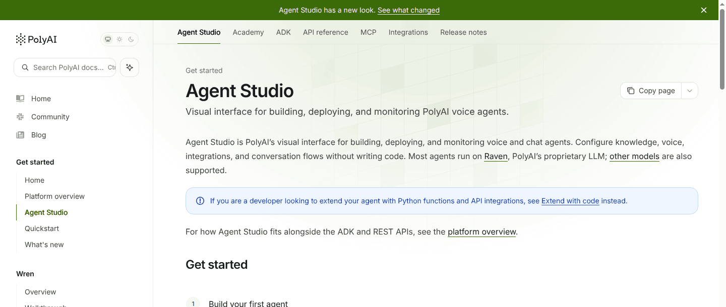 PolyAI documentation showing its current enterprise agent platform