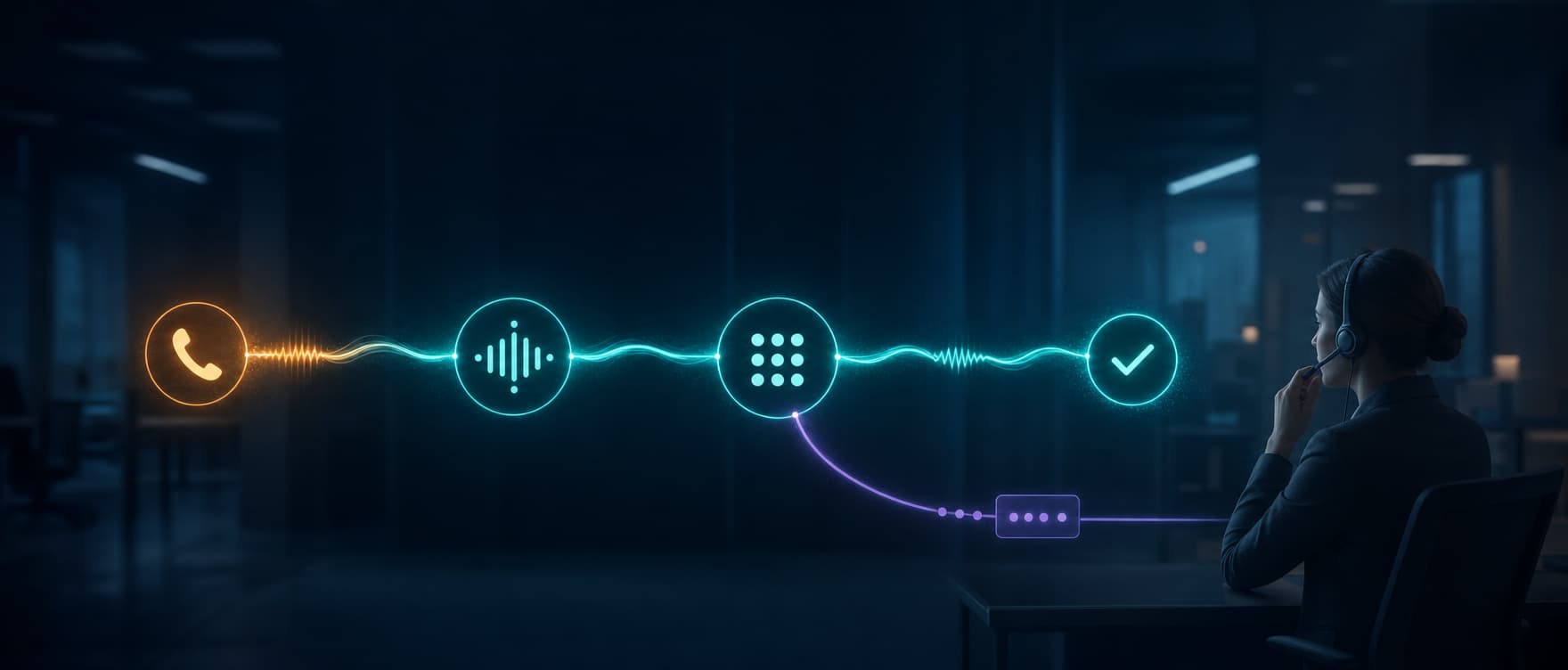 A voice AI contact center workflow routes a call to automation or a human agent
