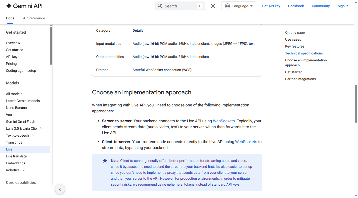 Gemini Live API technical specifications for streaming modalities and WebSocket sessions