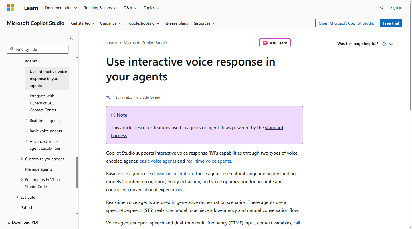 Microsoft documentation explaining basic and real-time voice agents in Copilot Studio