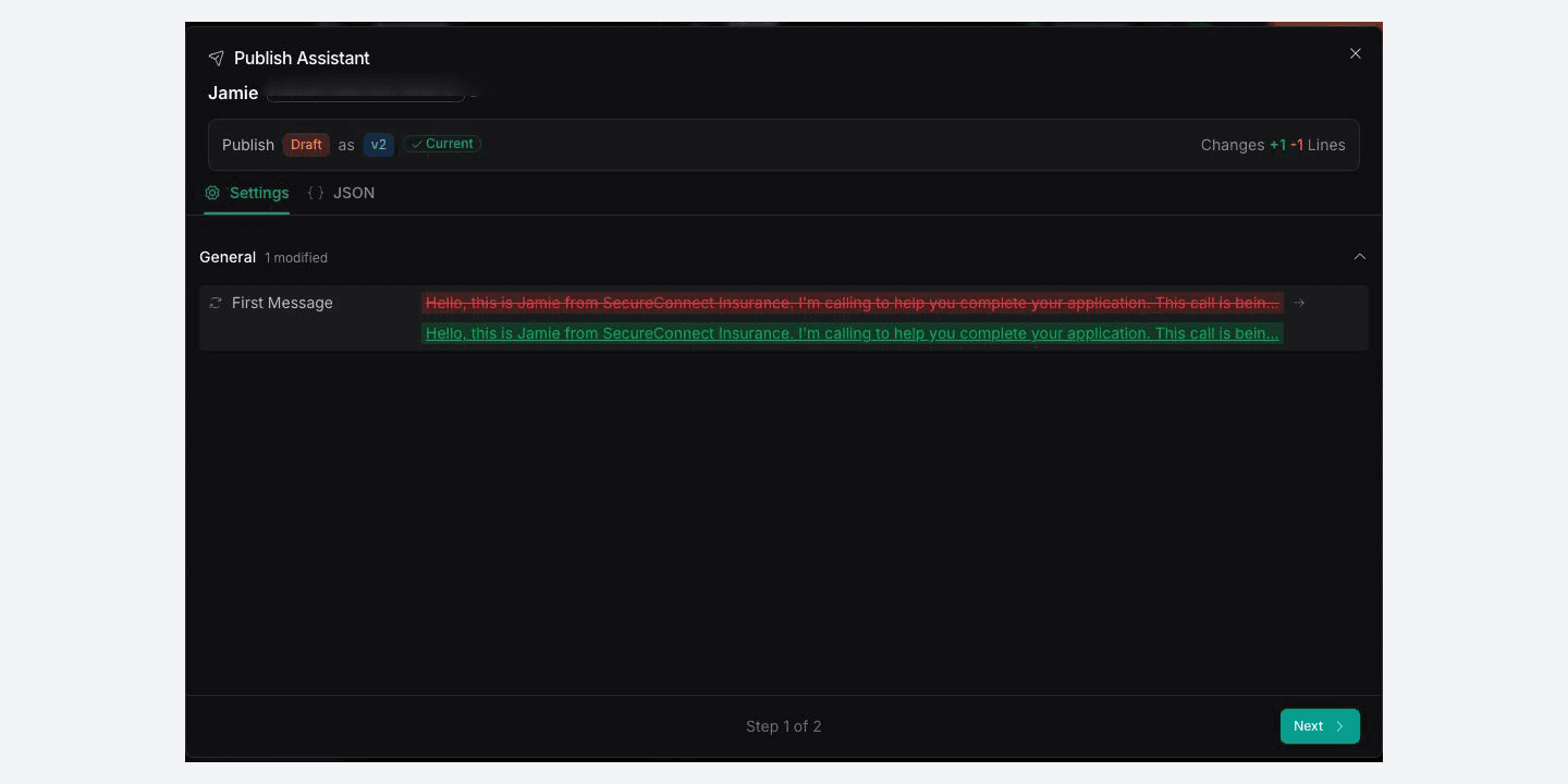 Vapi publishing review shows a draft assistant version beside the current version