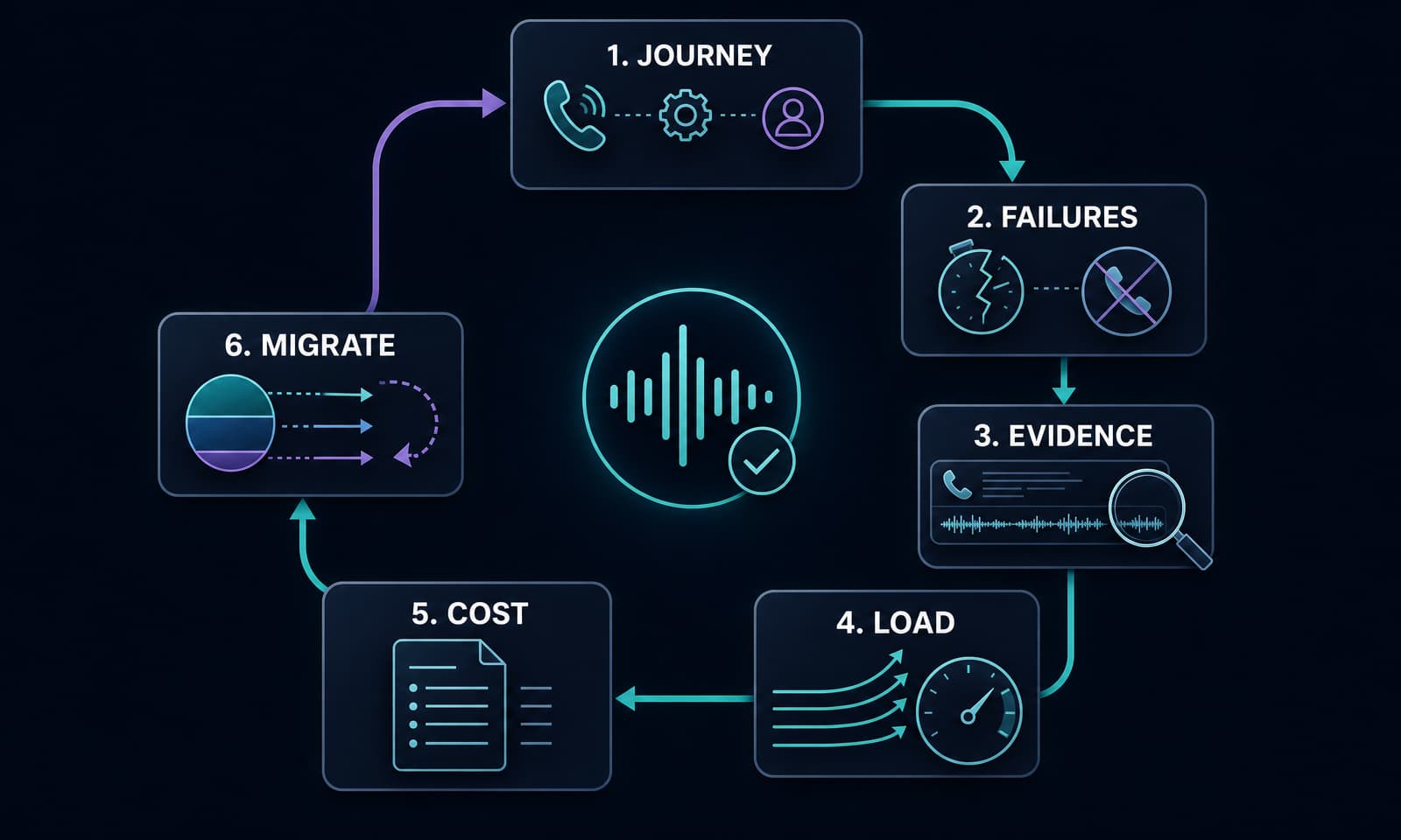 Six-stage inbound voice AI pilot loop covering journey, failures, evidence, load, cost, and migration