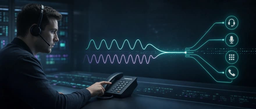 A telecom engineer sends paired DTMF waveforms from a telephone keypad into an IVR call path.