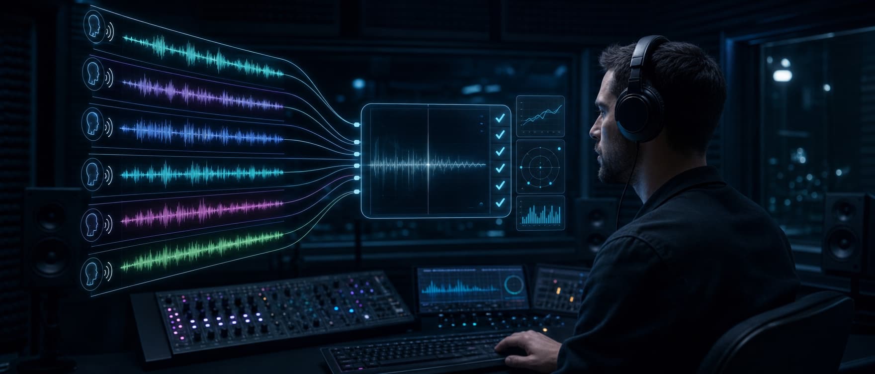 Engineer comparing six TTS waveforms in an audio lab
