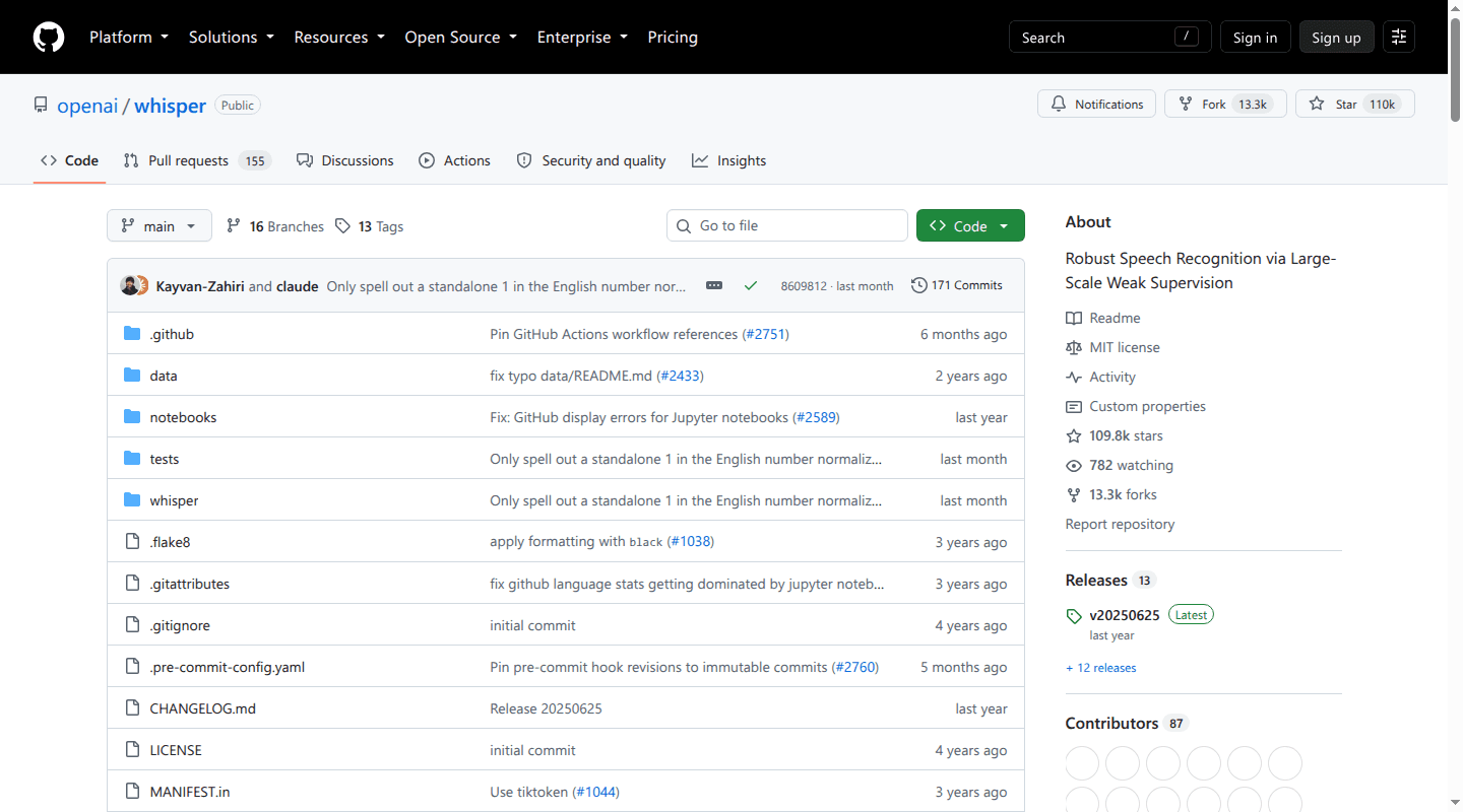 OpenAI Whisper source repository and MIT license