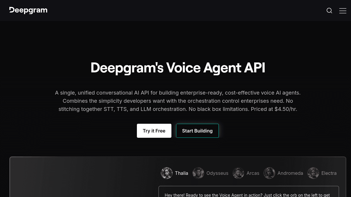 Deepgram website showing its Voice Agent API