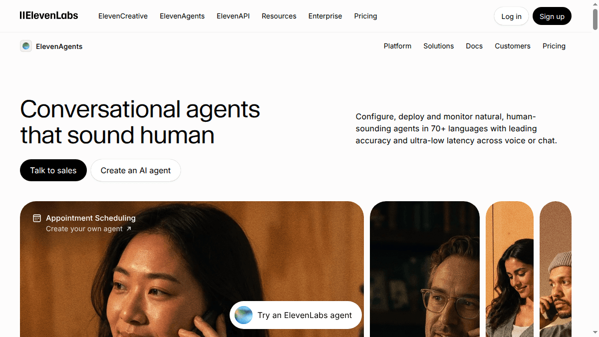ElevenLabs website showing its conversational AI agent platform