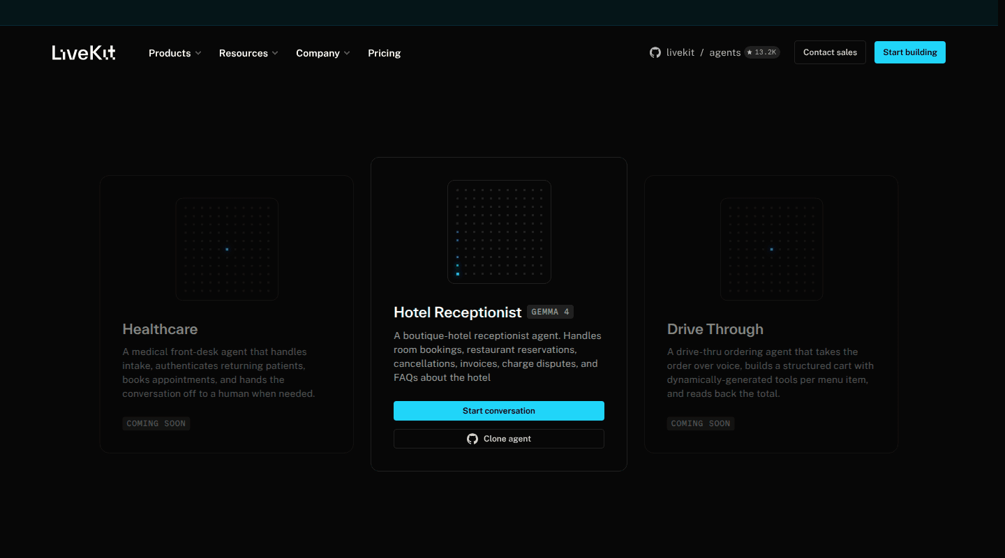 LiveKit Agents page showing examples of deployable open-source agents