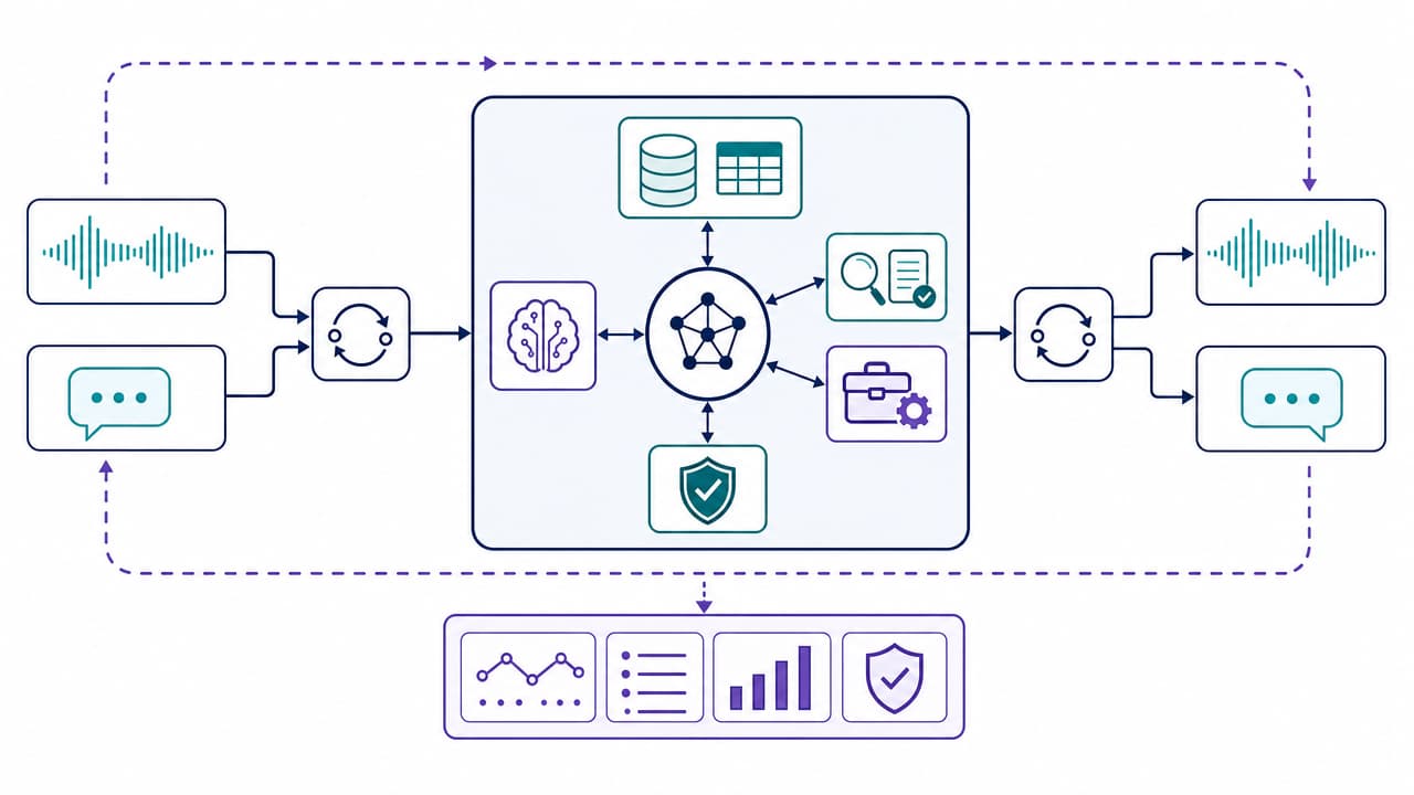 Conversational AI architecture connecting text and voice channels to state, models, knowledge, tools, policy, and observability.