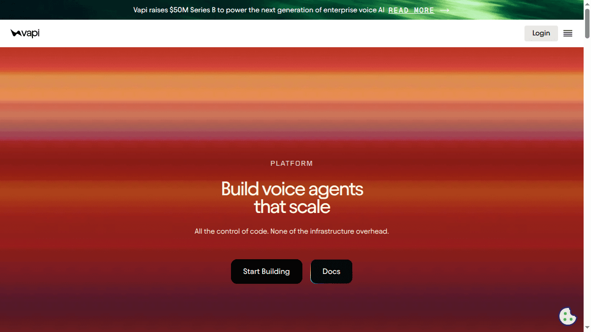 Vapi website showing its developer voice AI platform