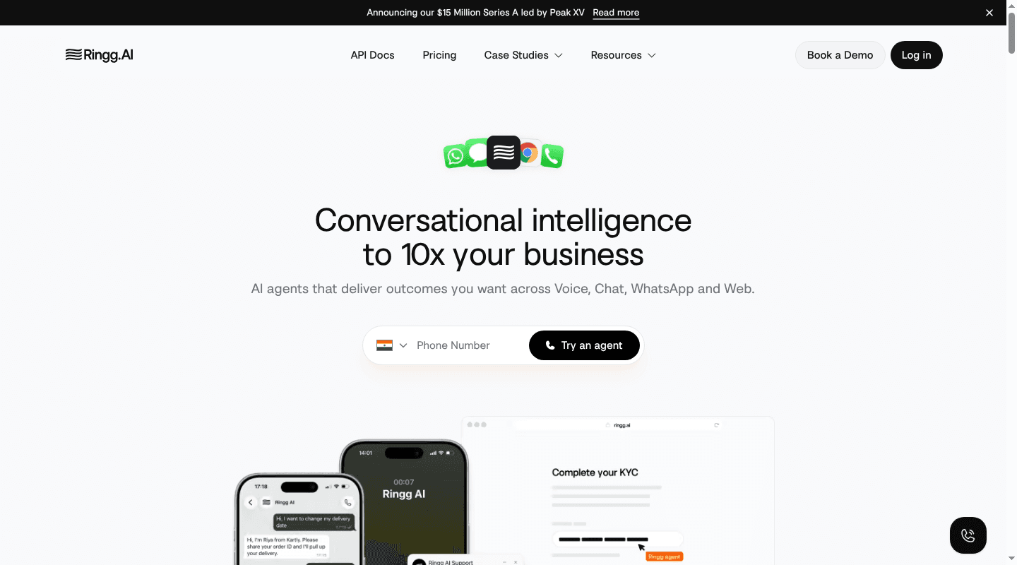 Ringg AI homepage presenting voice, chat, WhatsApp, and browser agents