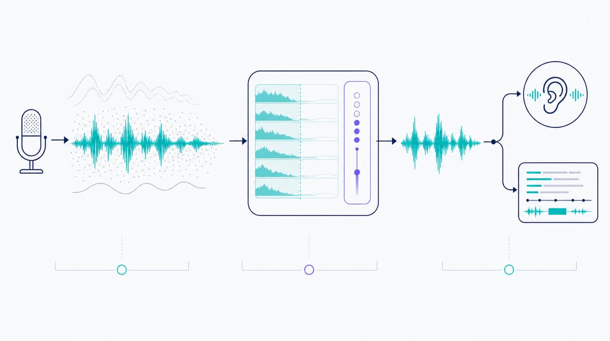 Noisy speech passes through enhancement to listening and downstream system tests
