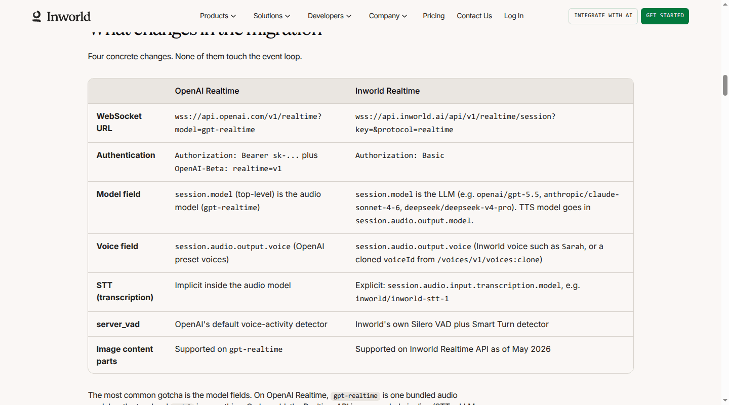 Inworld migration table comparing Realtime session endpoints and configuration fields