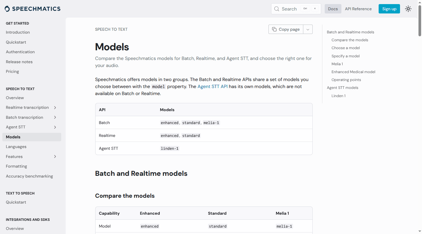 Speechmatics documentation comparing its batch, real-time, and Agent STT models