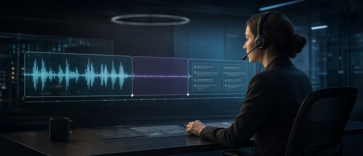 Contact center operator beside an abstract call timeline divided into talk, hold, and wrap-up phases