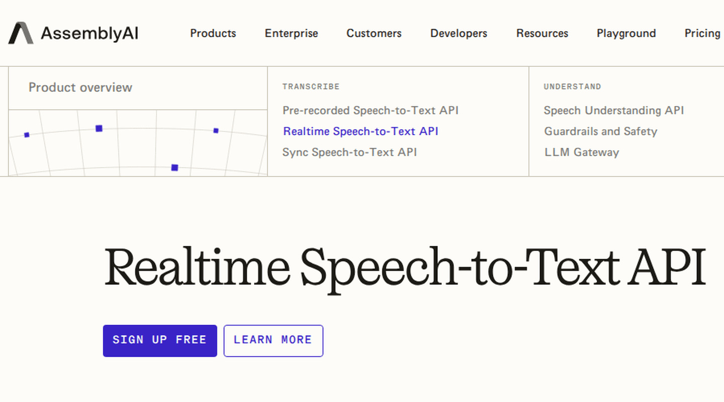 AssemblyAI real-time speech-to-text page showing a live transcript interface