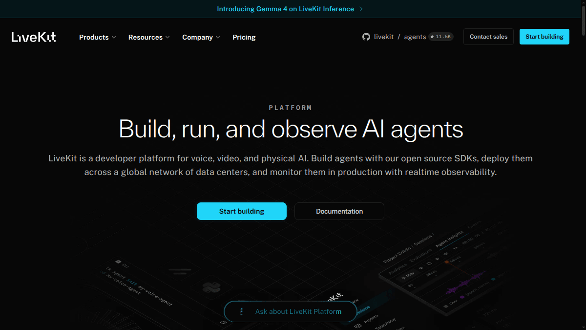 LiveKit website showing its real-time agent infrastructure