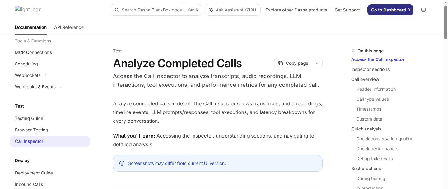 Dasha documentation showing completed-call inspection