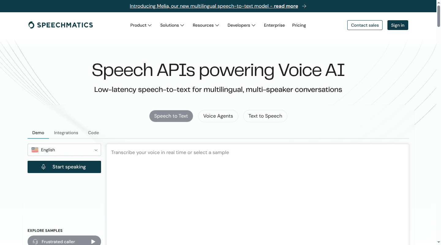 Speechmatics speech API homepage