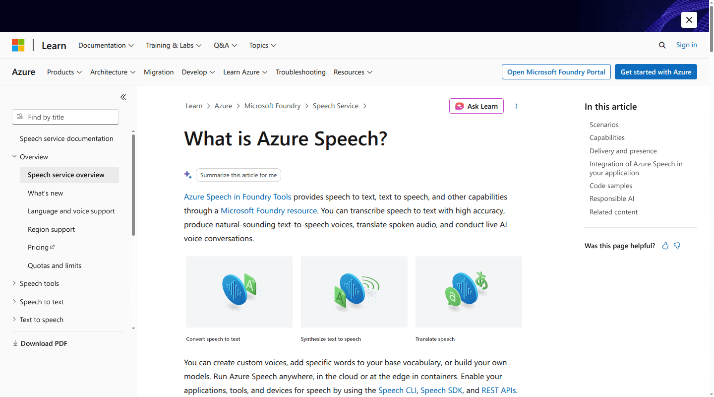 Microsoft Azure Speech documentation showing real-time, fast, and batch transcription choices