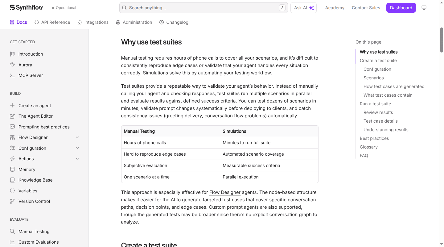 Synthflow documentation for automated voice agent simulations