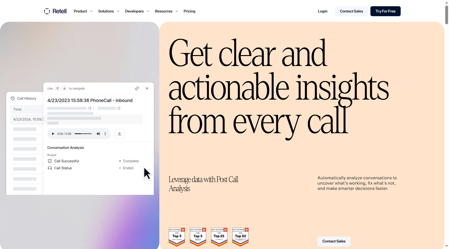 Retell AI page showing post-call analysis