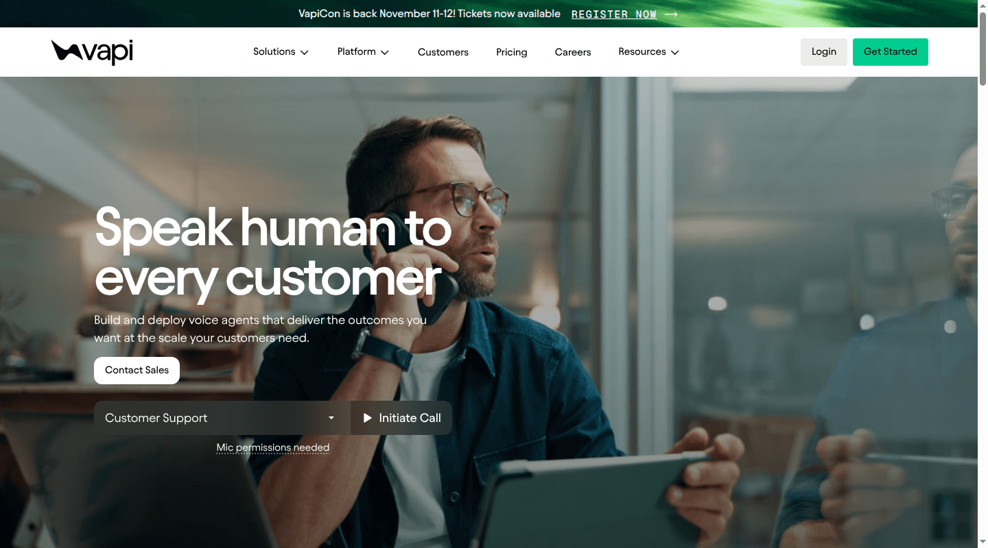 Vapi homepage showing its voice agent platform