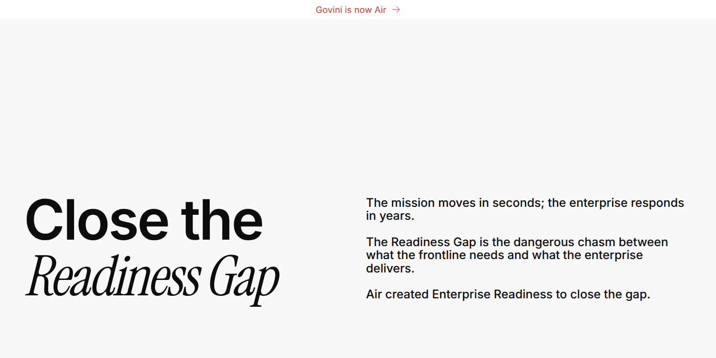 Air states that Govini is now Air and describes an enterprise-readiness mission