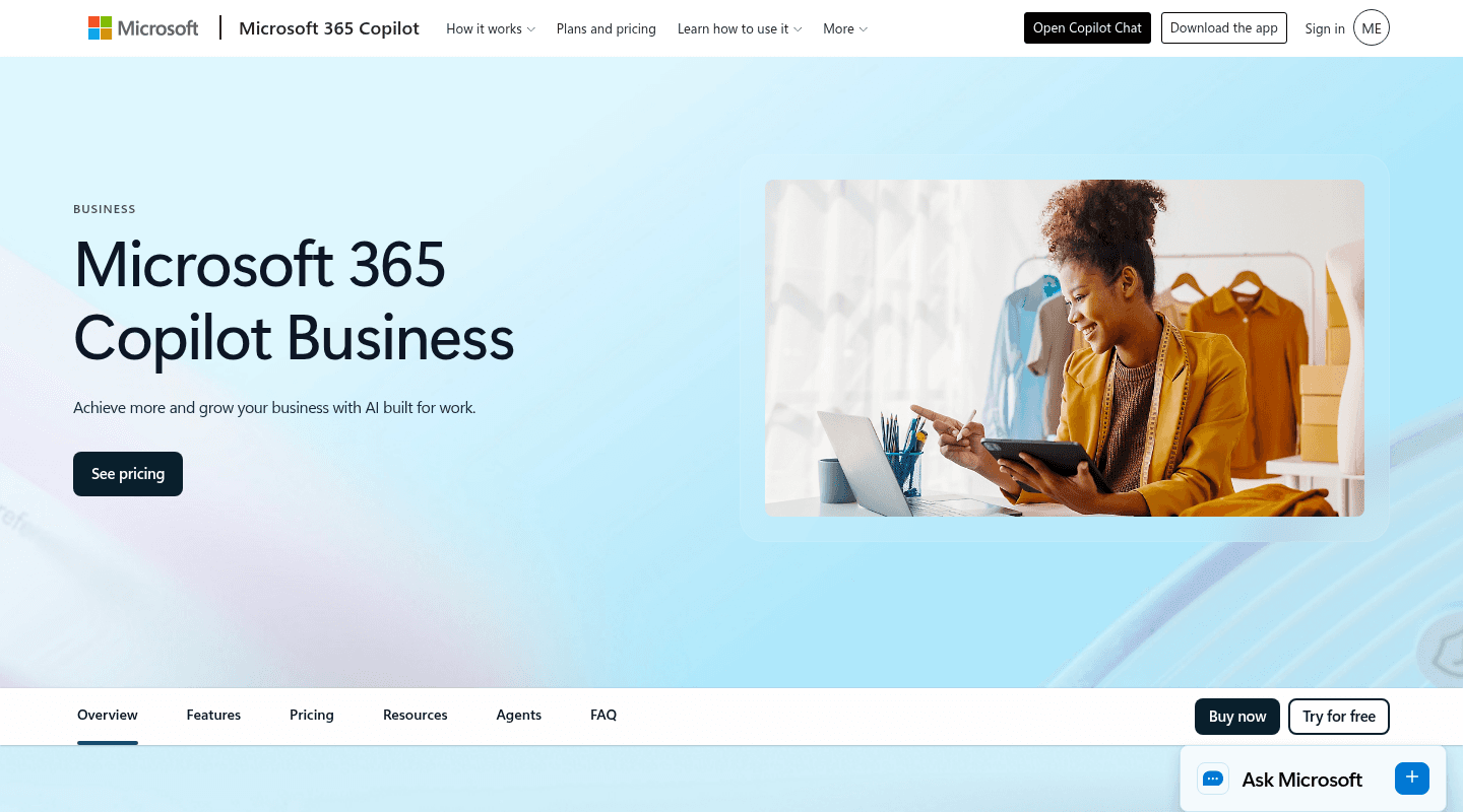 Microsoft 365 Copilot Business homepage