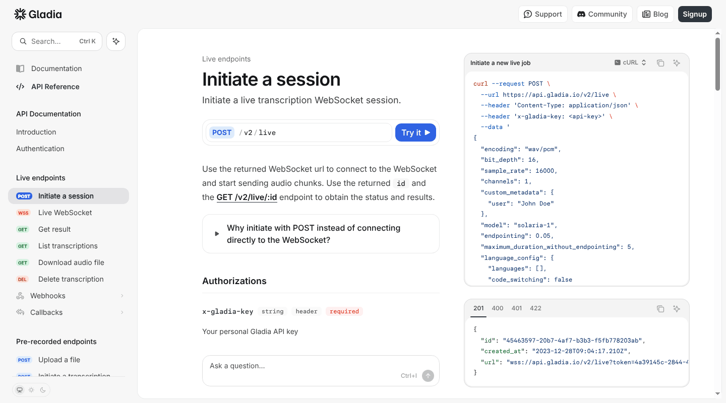 Gladia API reference for initiating a live transcription session