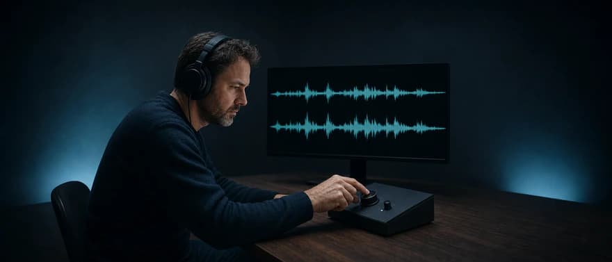 Audio engineer adjusting gain beside two speech waveforms