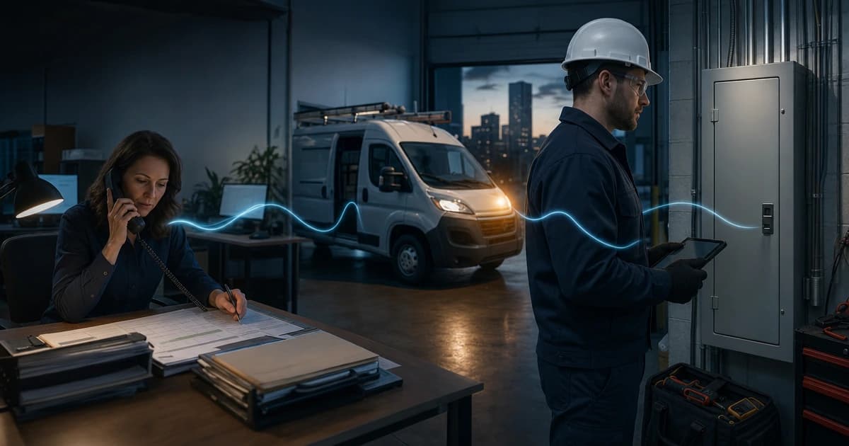 Electrician and dispatcher connected through a coordinated service workflow