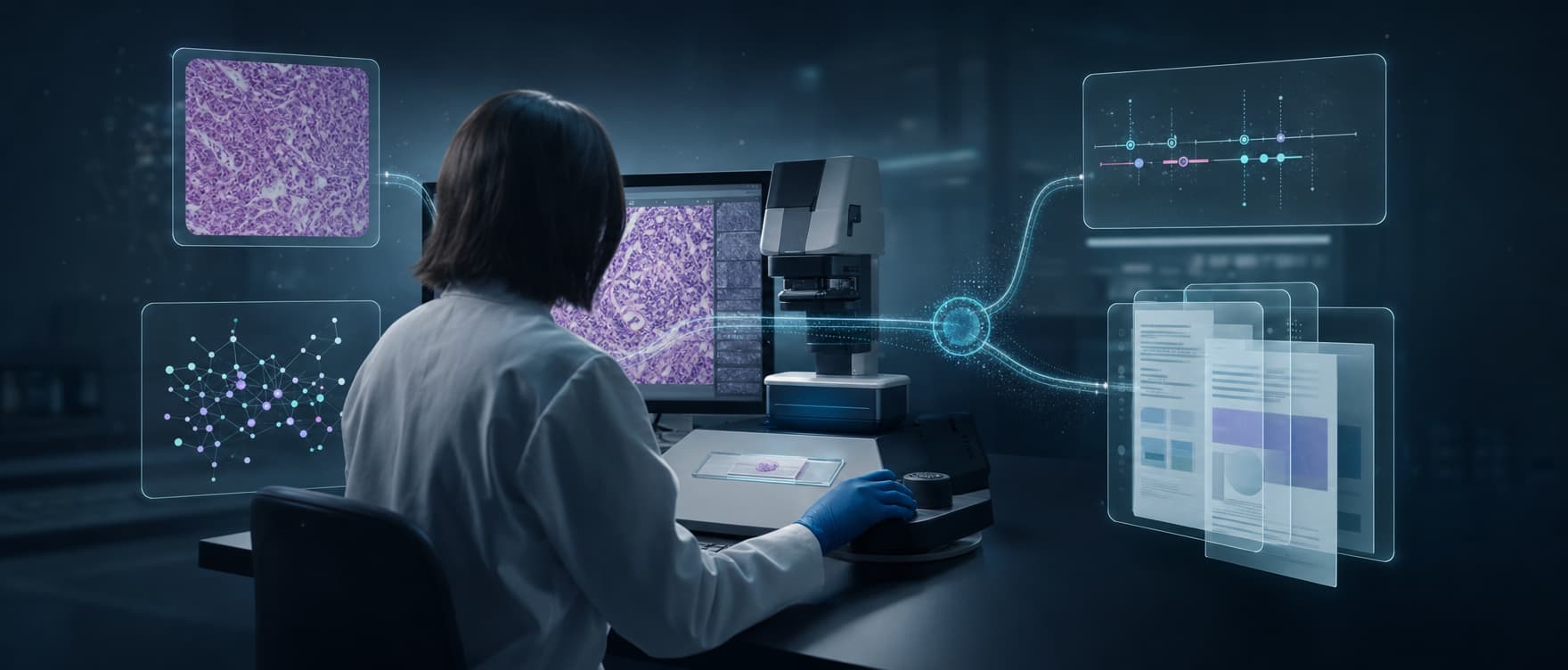 Cancer research data from pathology, molecular models, and study records converging under human review.