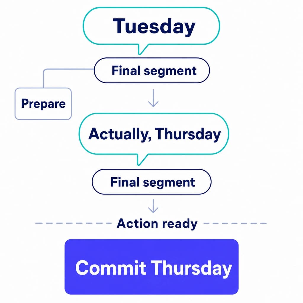 A Tuesday booking request is corrected to Thursday before the action-ready boundary.