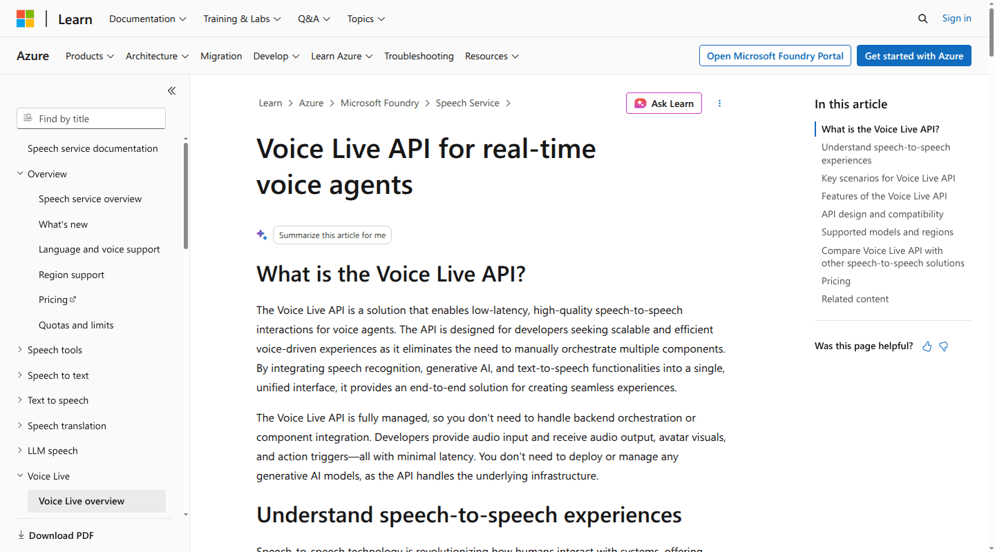Microsoft Voice Live API documentation describing its managed speech-to-speech interface
