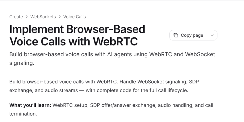 Dasha browser voice guide showing WebRTC audio and WebSocket signaling
