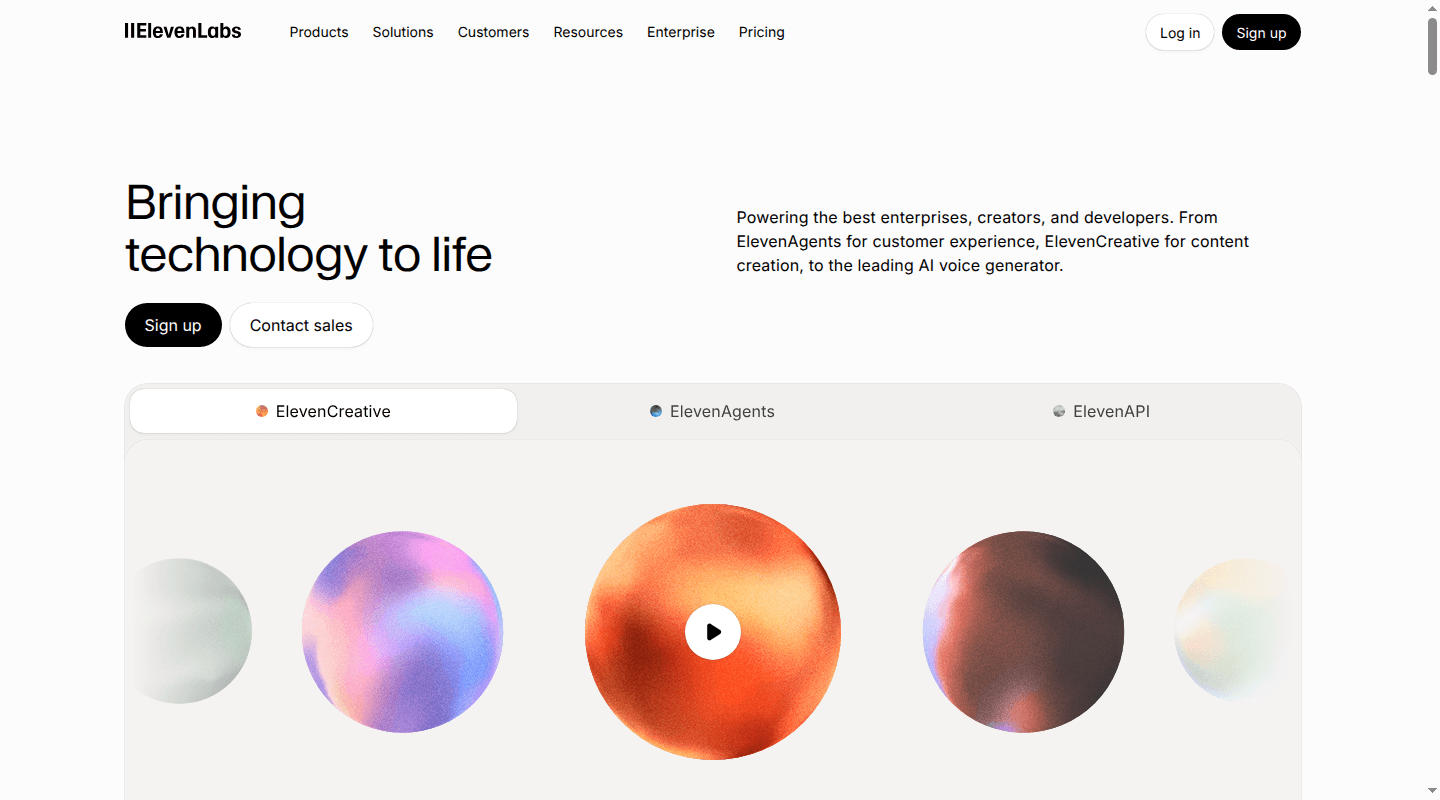 ElevenLabs voice platform homepage