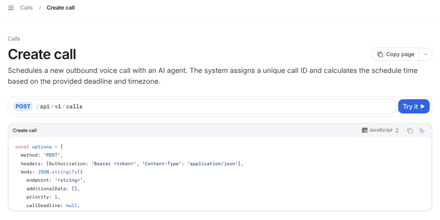 Dasha create-call API view shows the POST endpoint and JavaScript request fields