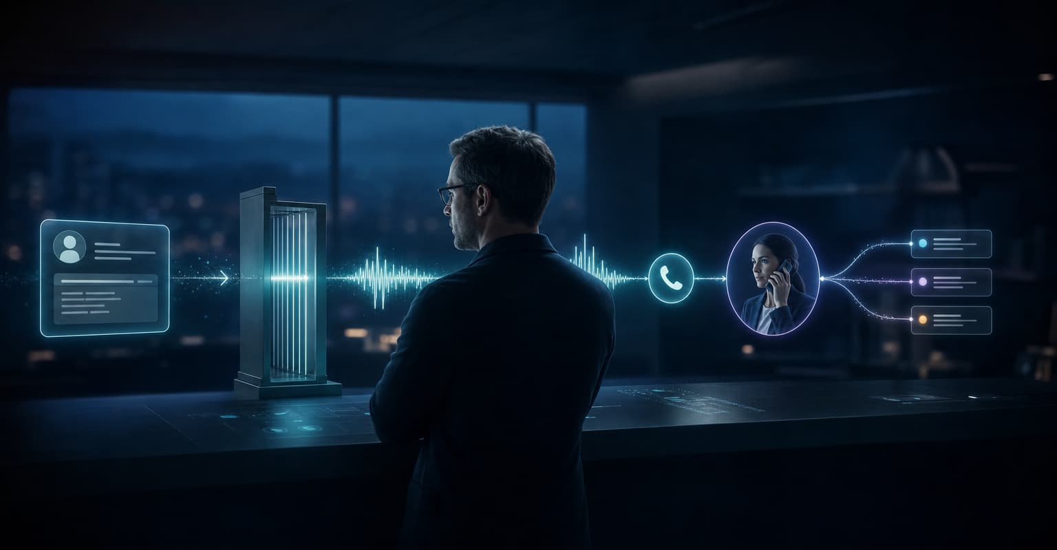 Operator monitoring an AI telemarketing workflow with pre-call controls, live conversation, human handoff, and structured outcomes.