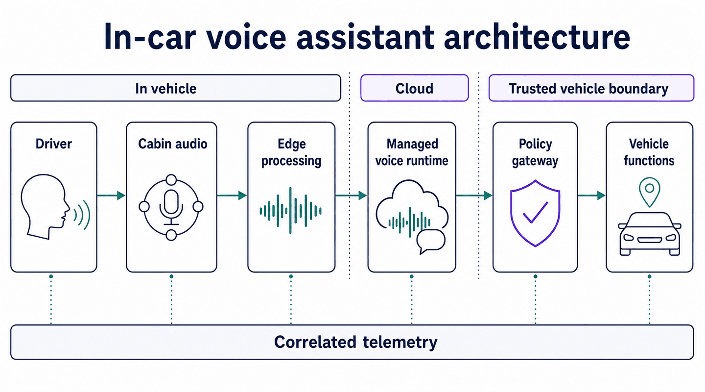 In-car voice assistant flow from cabin audio through a managed runtime and trusted vehicle policy gateway.
