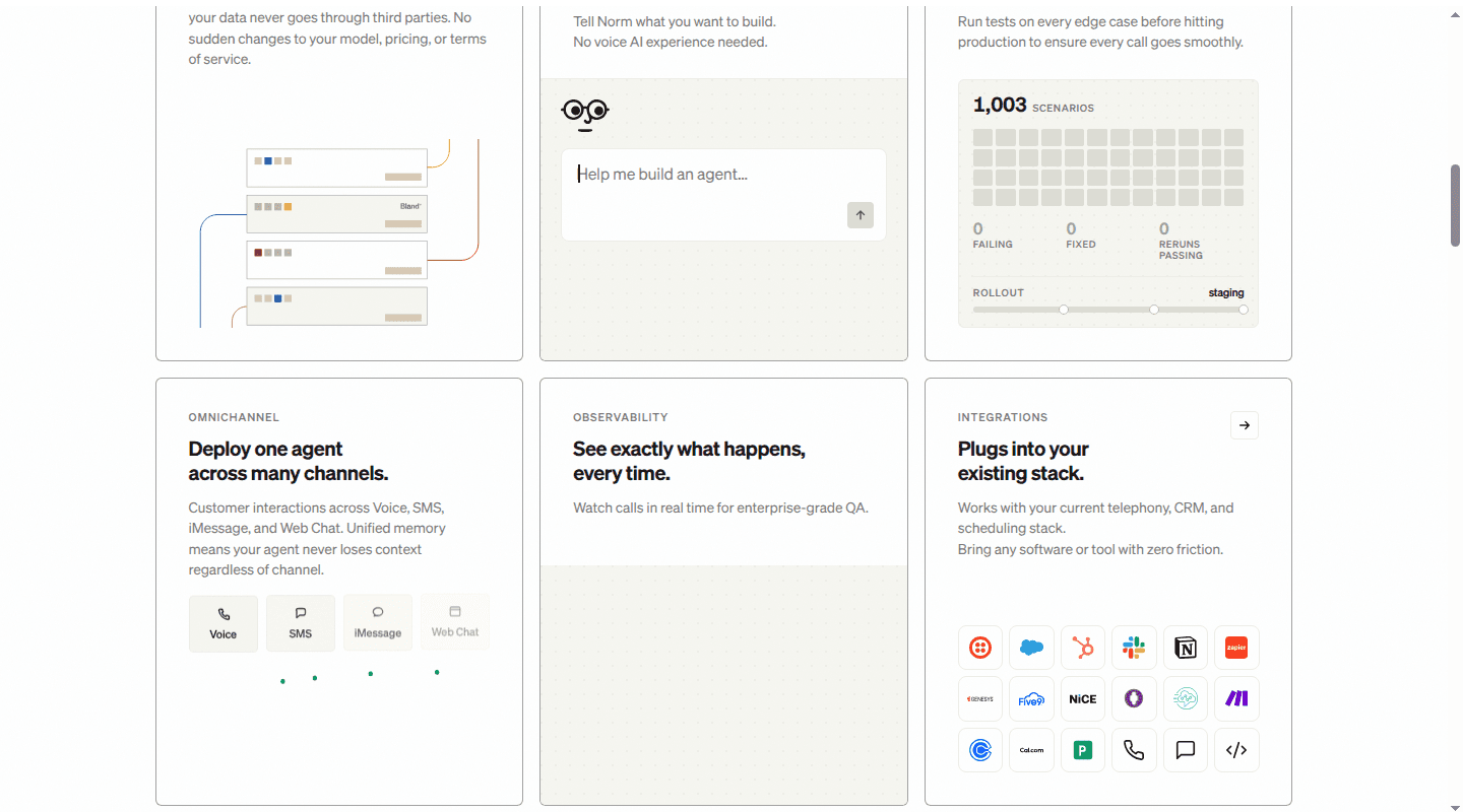 Bland AI website showing testing, observability, channels, and integrations