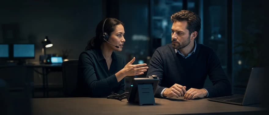 An agent briefs a colleague before handing over a live call