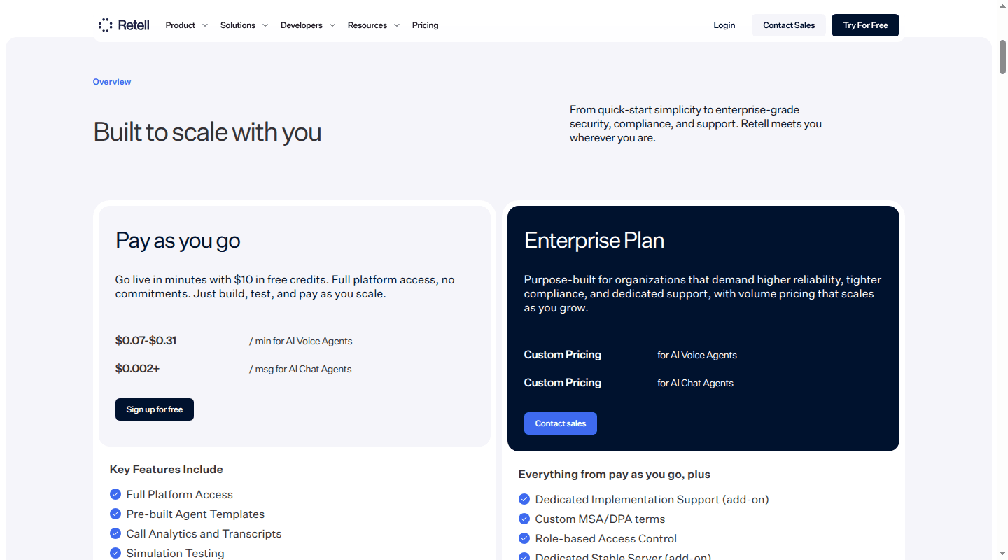 Retell AI pricing and plan comparison