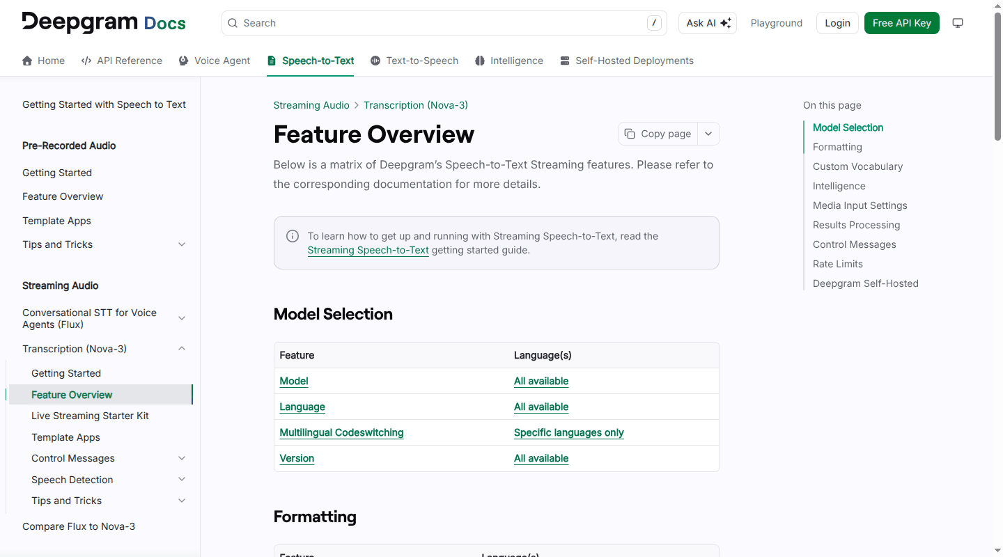 Deepgram streaming speech-to-text feature documentation