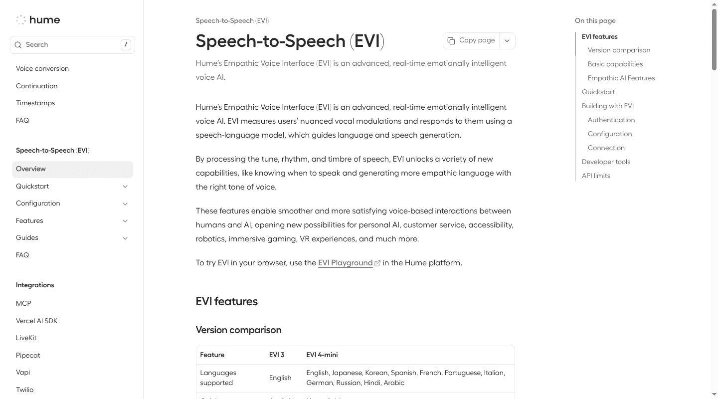 Hume EVI documentation showing speech-to-speech capabilities and version comparison