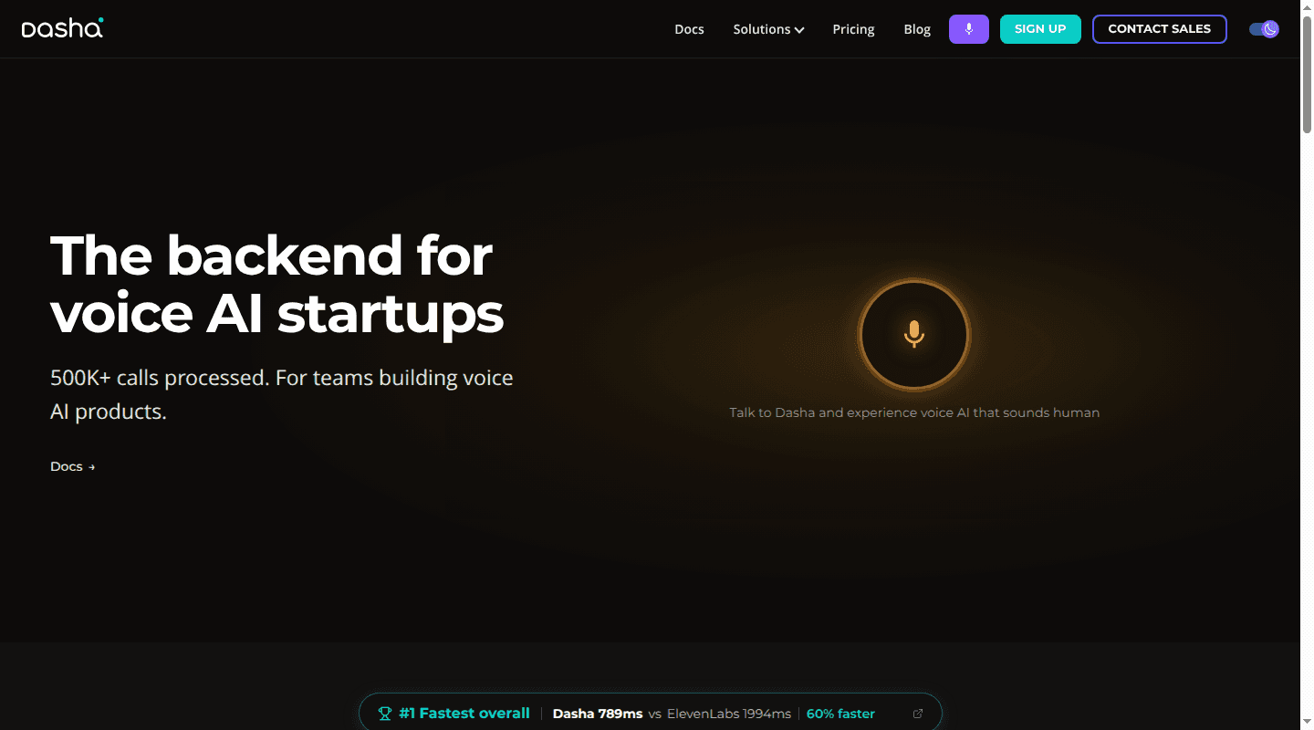 Dasha voice AI backend page headed The backend for voice AI startups with a live voice control and benchmark strip