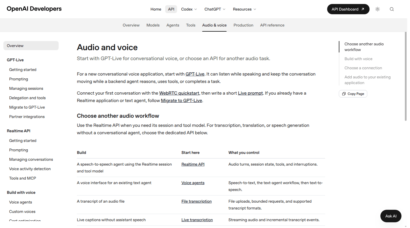 OpenAI audio and voice API documentation