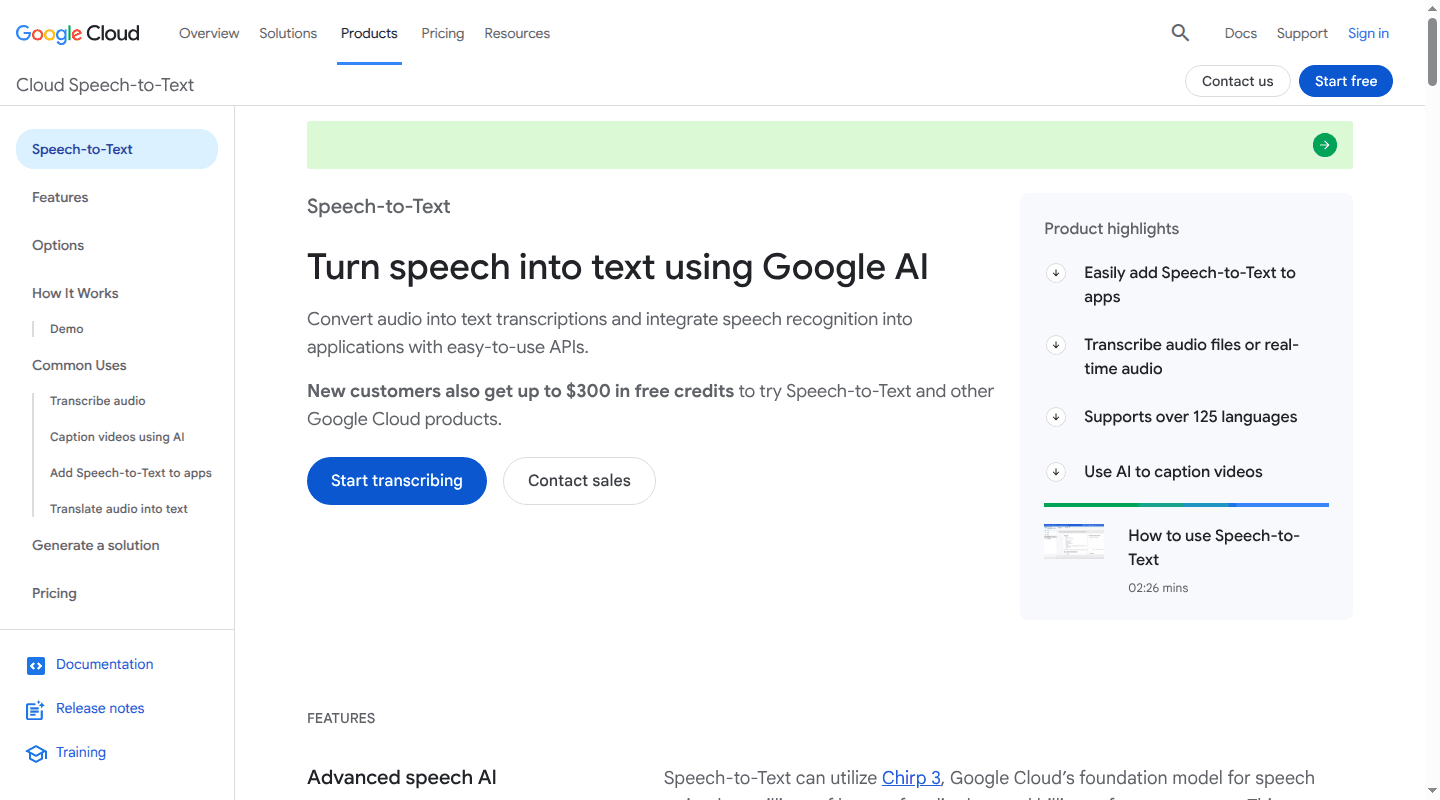 Google Cloud Speech-to-Text page showing audio converted into structured text