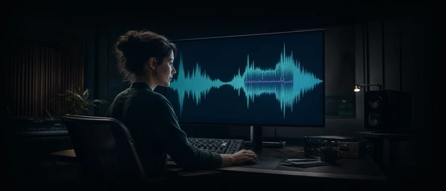 A voice engineer examines a generated audio waveform with an embedded provenance pattern